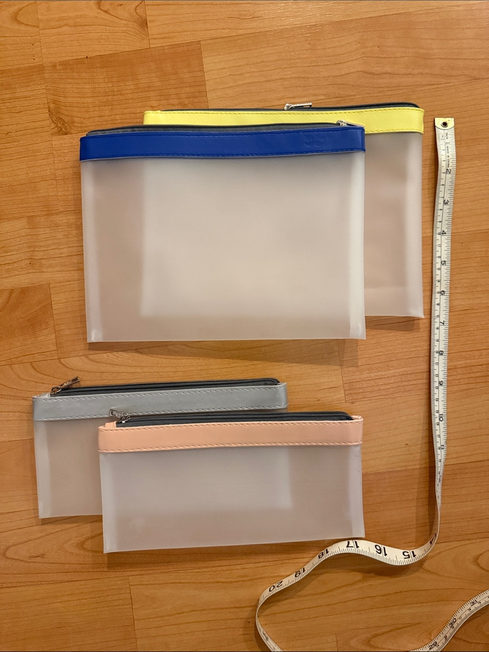 Clear Storage Pouch Set with Blue, Yellow, Gray, and Pink Trim